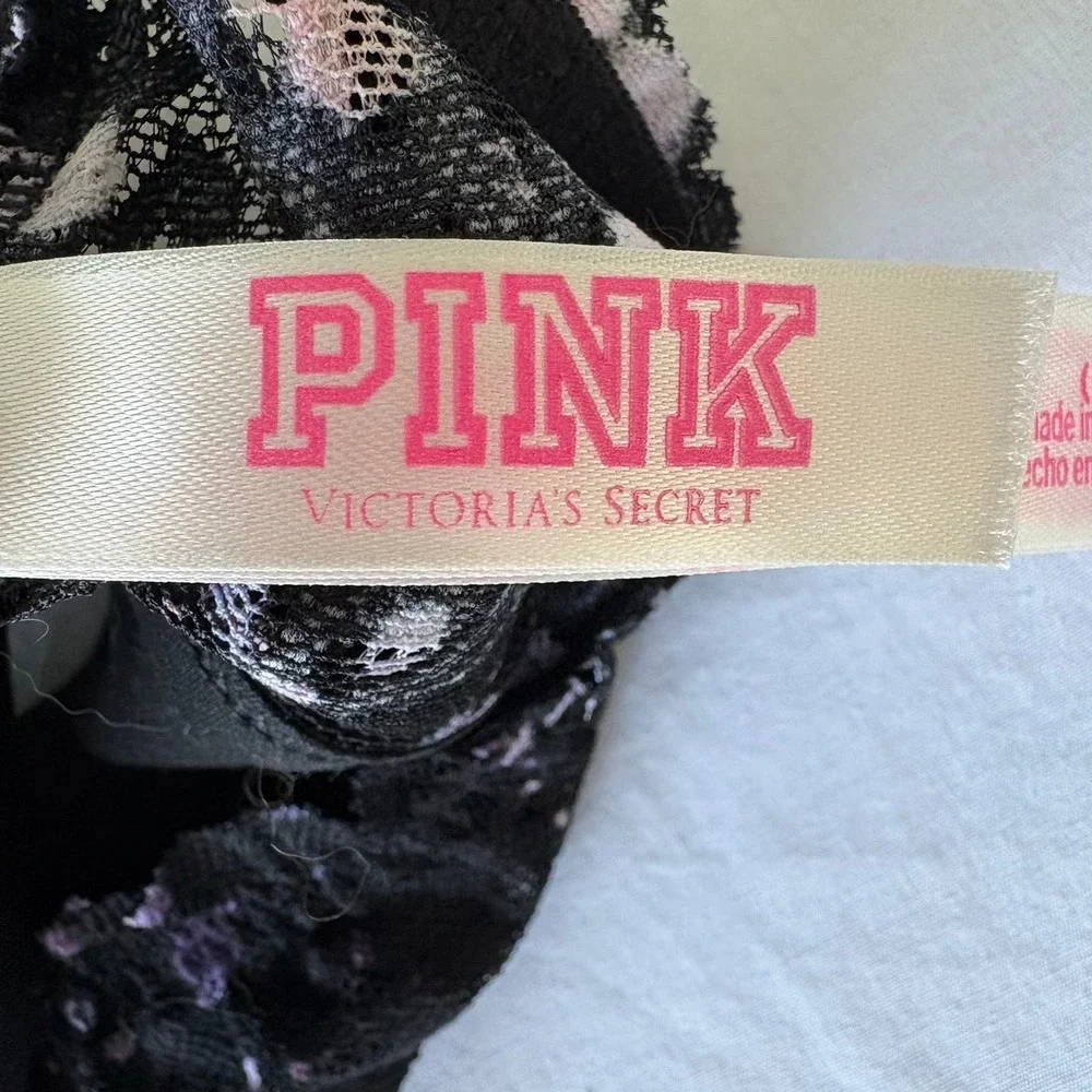 Victoria's Secret PINK Lace Bralette Black Floral Splatter Lightly Lined Medium